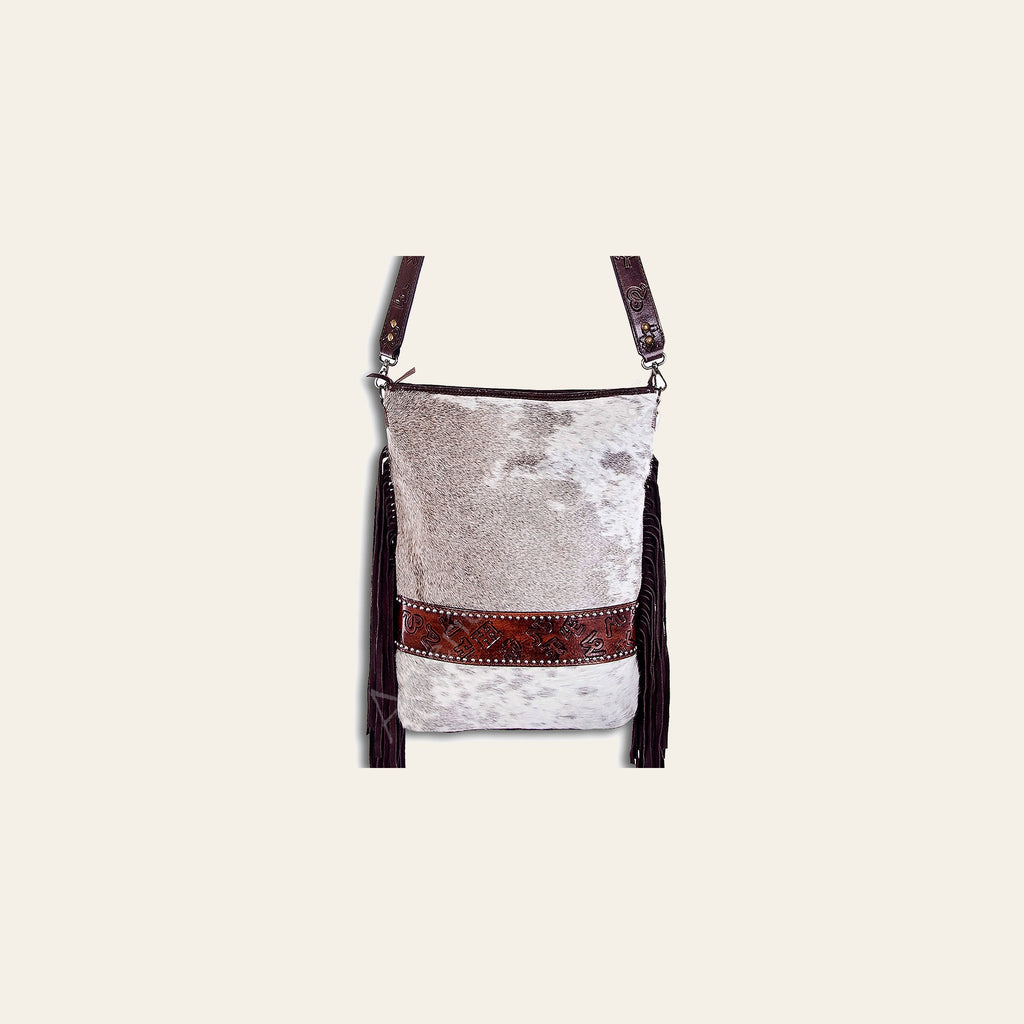 American Darling Large Cross body Bag Handcrafted from Hair-On Cowhide & Hand Tooled Genuine Leather with Fringes