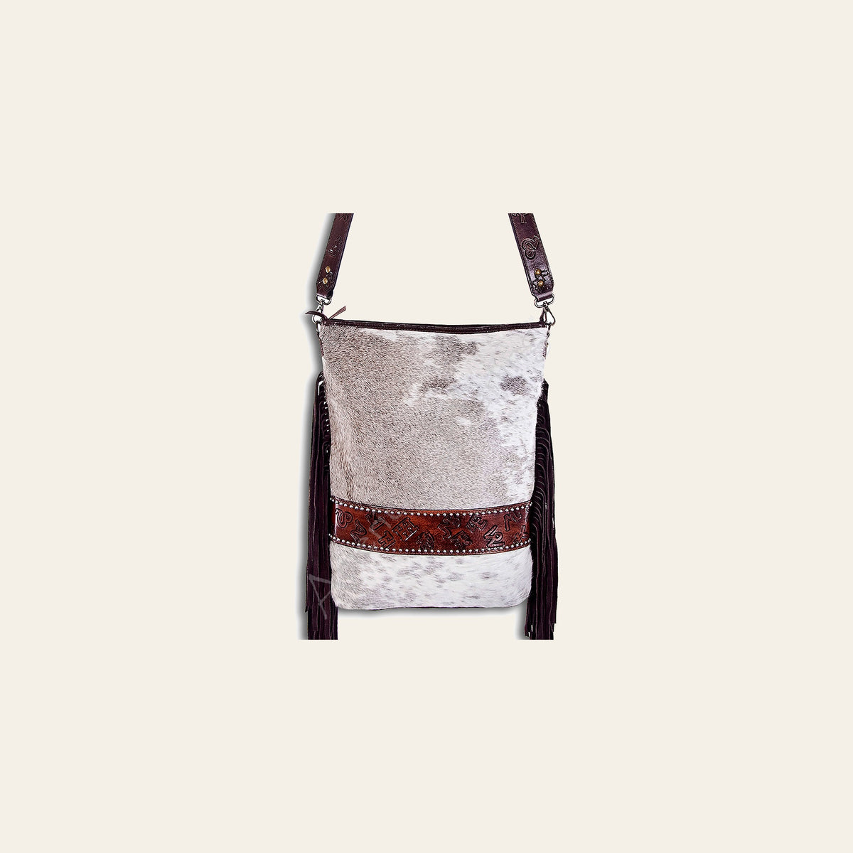 American Darling Large Cross body Bag Handcrafted from Hair-On Cowhide & Hand Tooled Genuine Leather with Fringes