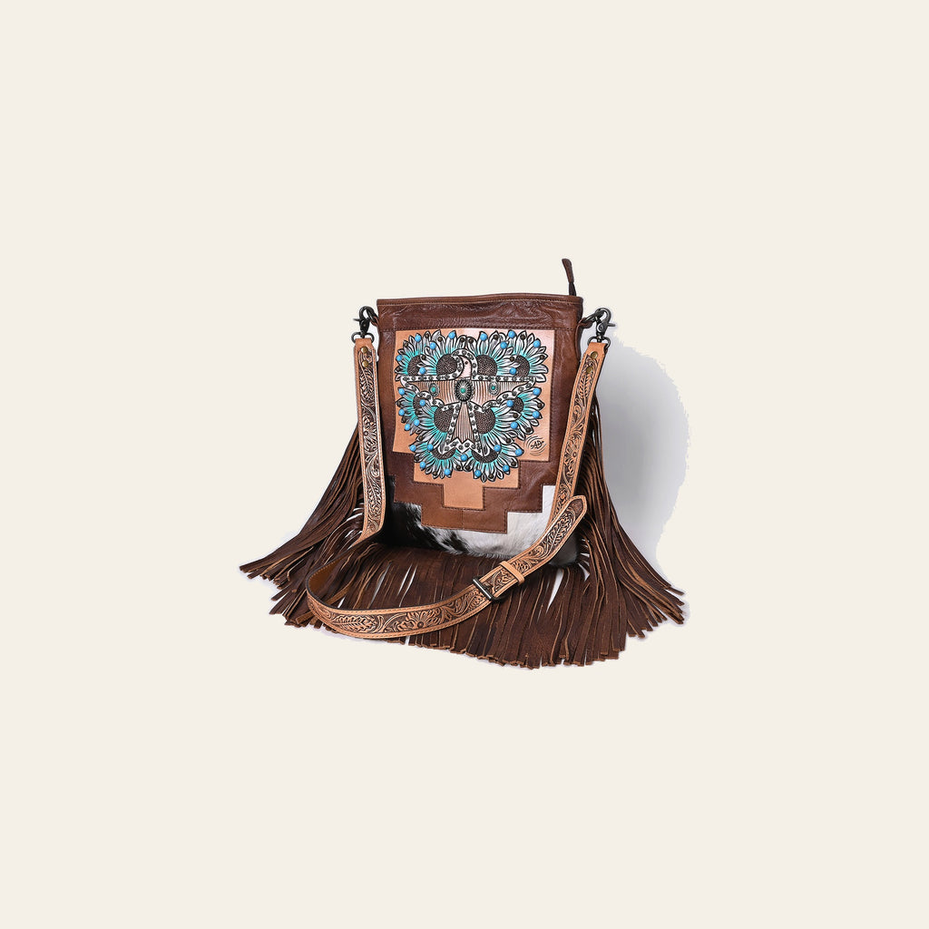 American Darling Hand-Tooled Leather Messenger Bag with Western Carving, Hair-On, Fringes, Rivet Embossing, Genuine Leather Build & Well-Compartmentalized Interior