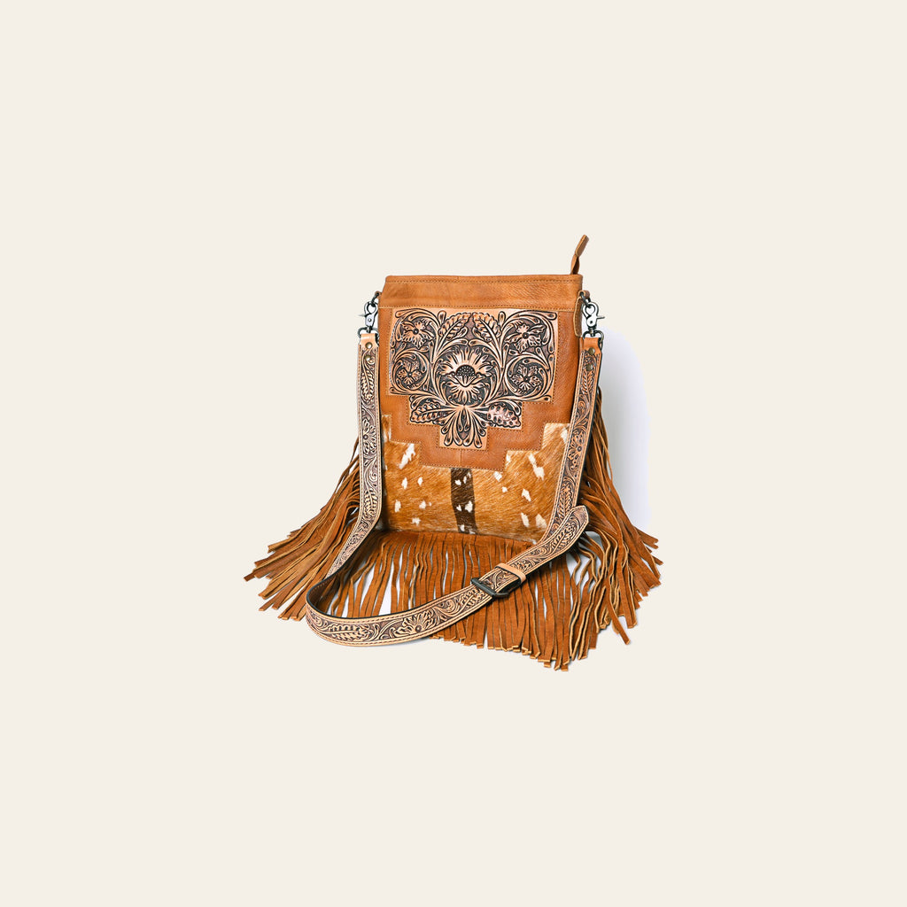 American Darling Messenger Bag, Hand Tooled Floral Leather, Hair-On Cowhide with Fringes, Western Crossbody Travel Purse