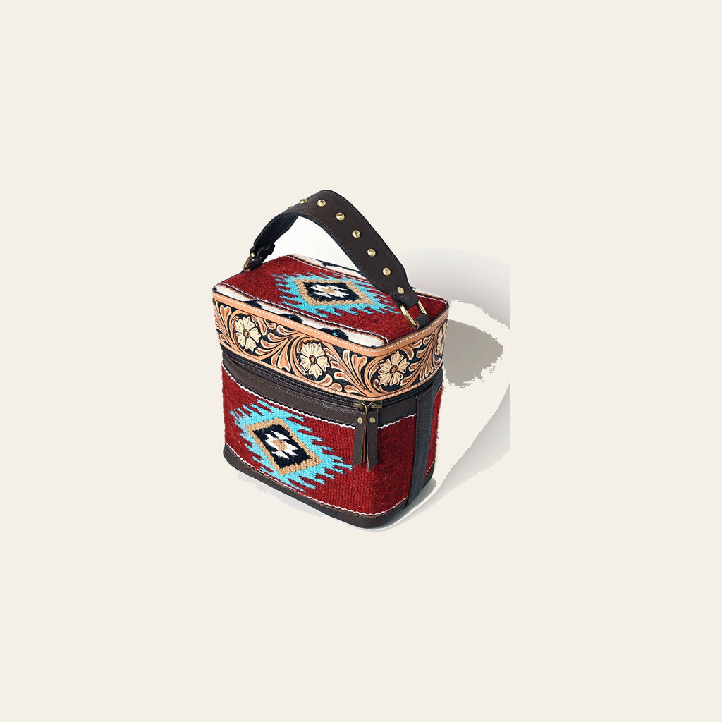 American Darling Hand Tooled Floral Carved Leather & Hand-Woven Saddle Blanket Jewelry Case Western Genuine Leather YKK Zipper