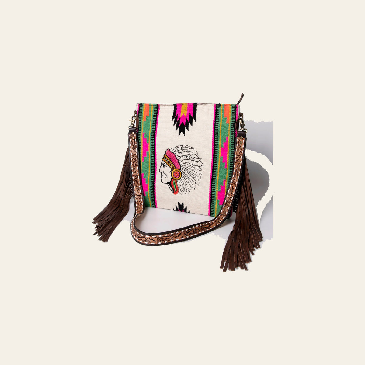 American Darling Large Cross body Bag Hand Woven Saddle Blanket Vegetable-Tanned Genuine Leather Fringes Buck Stitched