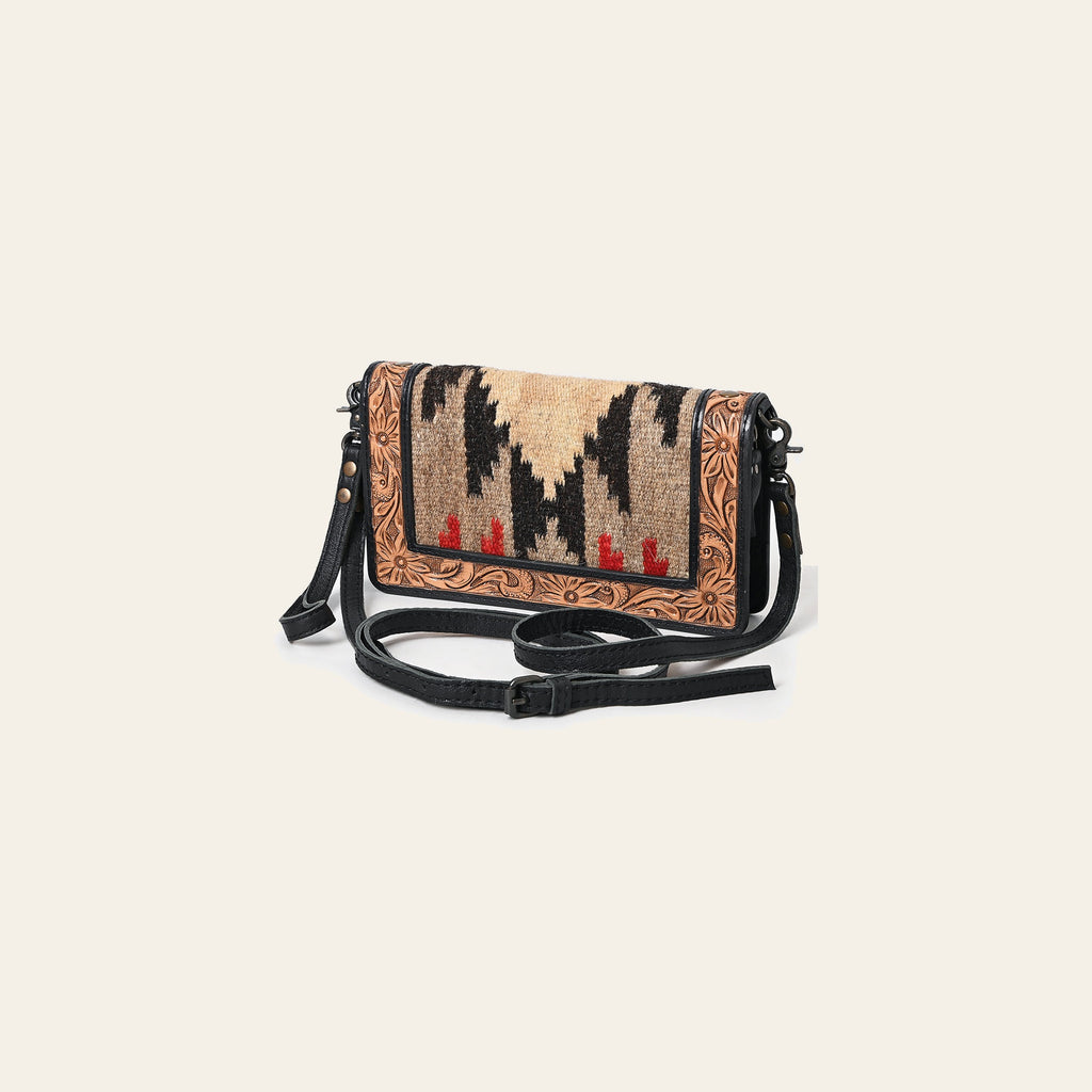 American Darling Organiser Bag, Hand Tooled Floral Carved & Hand Woven Saddle Blanket Genuine Leather Western Purse, 9in Wide
