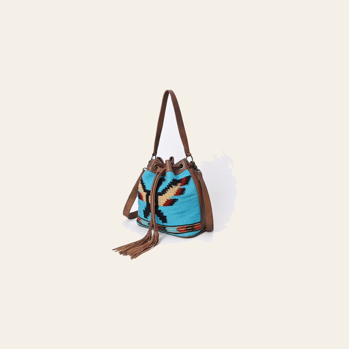 American Darling Western Leather Bucket Bag with Hand-Woven Saddle Blanket, Drawstring Closure, Tassel Detail, Adjustable Strap & Premium Craftsmanship