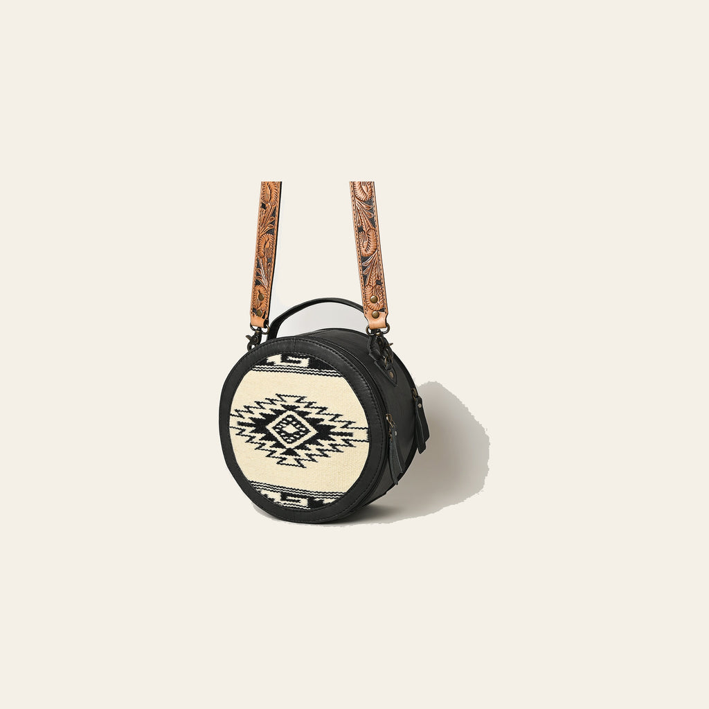 American Darling Western Leather Canteen Bag with Hand Woven Saddle Blanket, Genuine Leather Build & Tooled Shoulder Strap