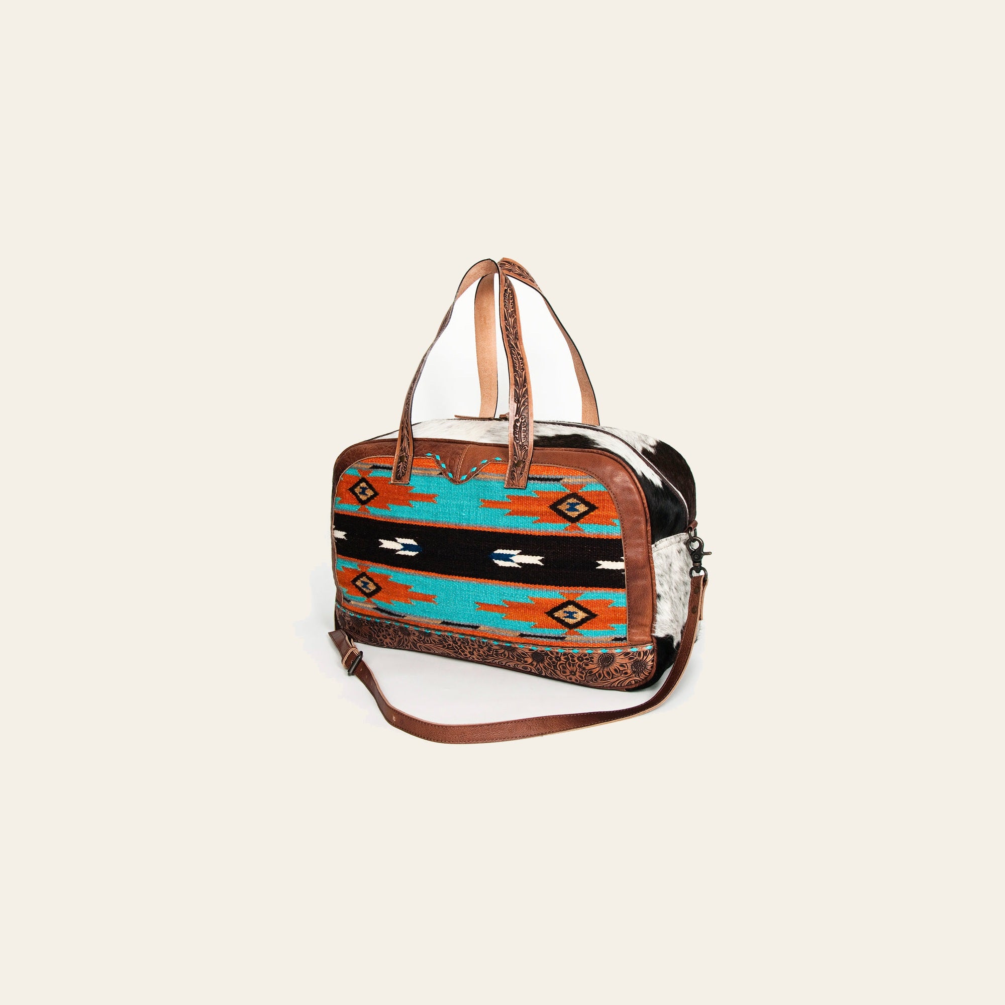 American Darling Duffel Bag, Hand Tooled Floral Leather & Woven Saddle Blanket, Genuine Leather Travel Weekender with Cowhide