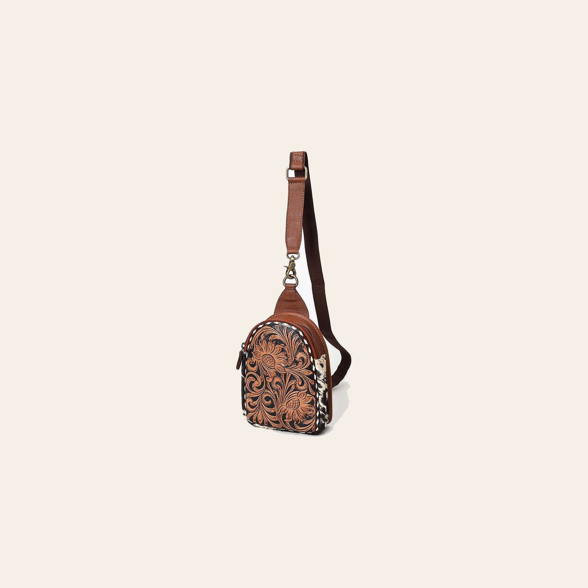 American Darling Sling Bag - Buck Stitched Floral Carved, Hair-On Cowhide, Eco-Friendly Vegetable Tanned Genuine Leather
