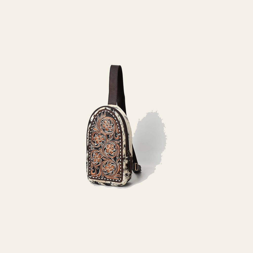 American Darling Sling Bag - Hair-On Cowhide, Hand Tooled Floral Carved, Eco-Friendly Vegetable Tanned Genuine Leather
