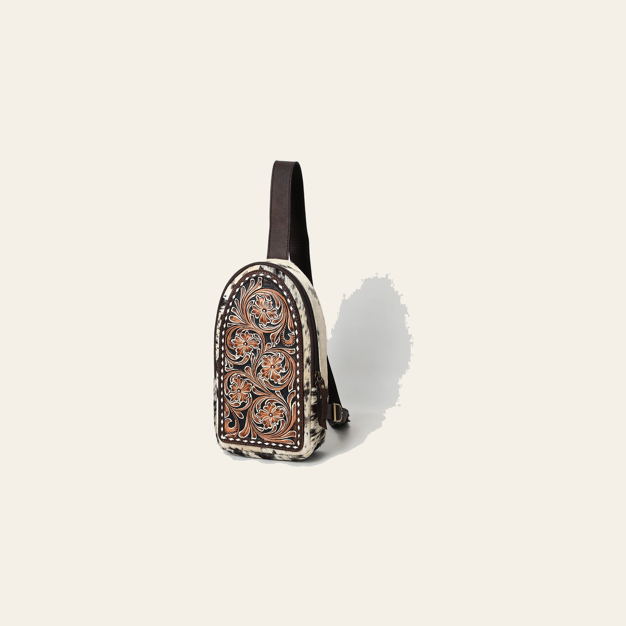 American Darling Sling Bag - Hair-On Cowhide, Hand Tooled Floral Carved, Eco-Friendly Vegetable Tanned Genuine Leather