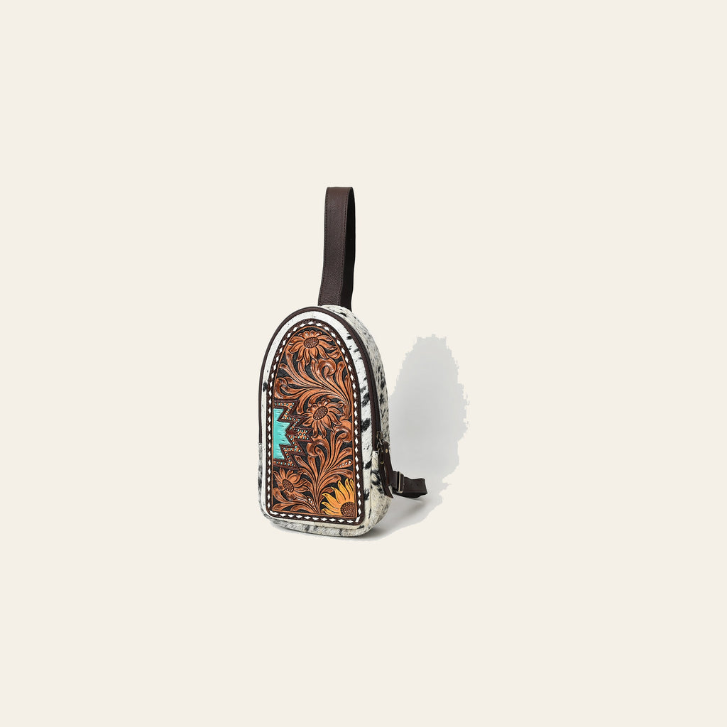 American Darling Sling Bag - Hand Tooled Floral Carved, Hair-On Cowhide, Eco-Friendly Vegetable Tanned Genuine Leather
