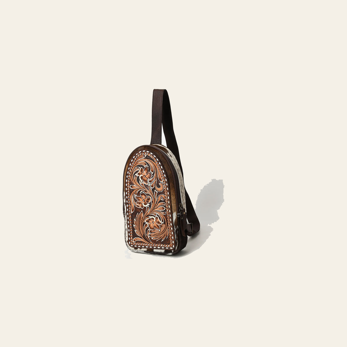 American Darling Sling Bag - Hand Tooled Floral Carved, Hair-On Cowhide, Eco-Friendly Vegetable Tanned Genuine Leather