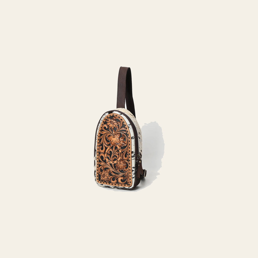 American Darling Sling Bag - Buck Stitched Floral Carved Hair-On Cowhide, Eco-Friendly Vegetable Tanned Genuine Leather