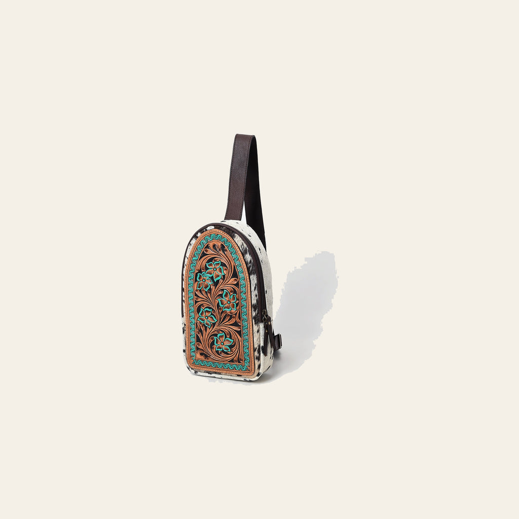 American Darling Sling Bag - Hand Tooled Floral Carved, Hair-On Cowhide, Eco-Friendly Vegetable Tanned Genuine Leather