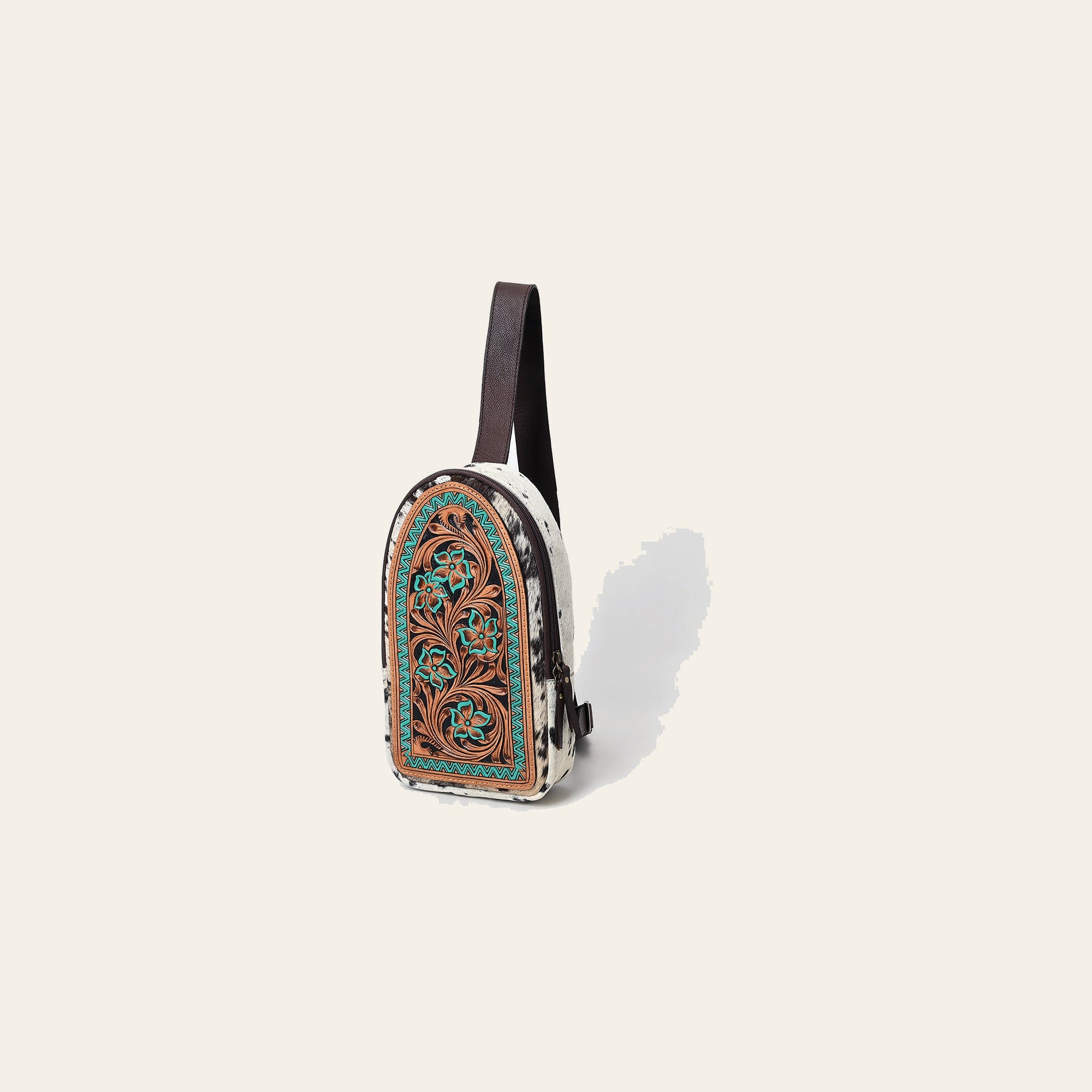 American Darling Sling Bag - Hand Tooled Floral Carved, Hair-On Cowhide, Eco-Friendly Vegetable Tanned Genuine Leather