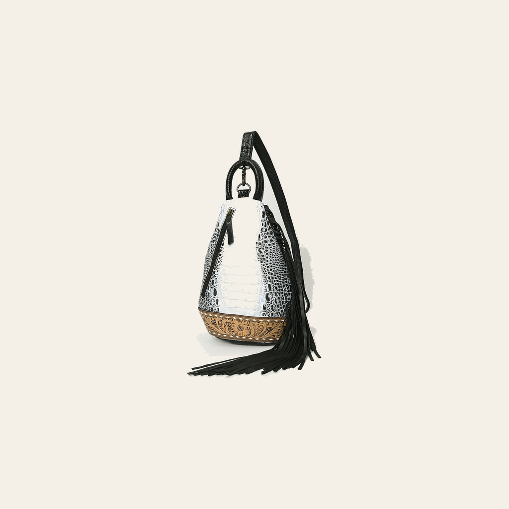 American Darling Sling Bag Handcrafted from Crocodile Embossed Leather | Hand-Tooled Floral Base, Long Fringe & Multi-Pocket Design