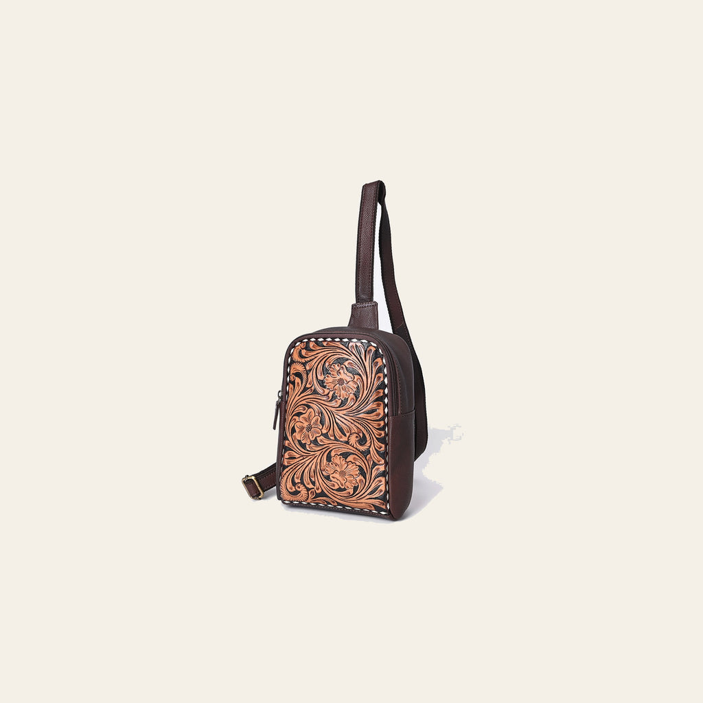 American Darling Hand Tooled Floral Carved Sling Bag Genuine Vegetable-Tanned Full Grain Leather Western Crossbody