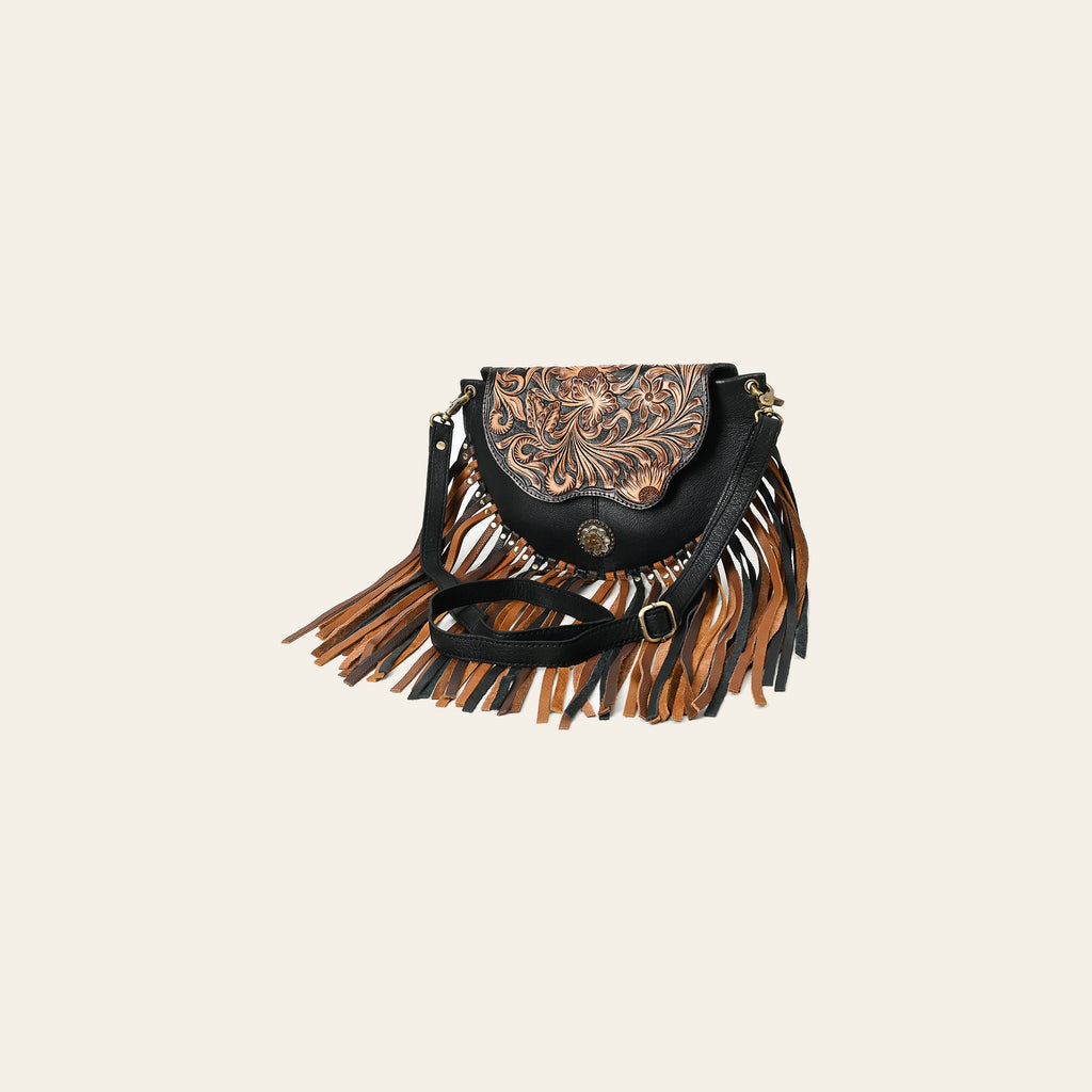 American Darling Western Leather Small Cross body Bag - Eco-Friendly Full Grain Leather Hand Tooled Floral Purse With Fringes
