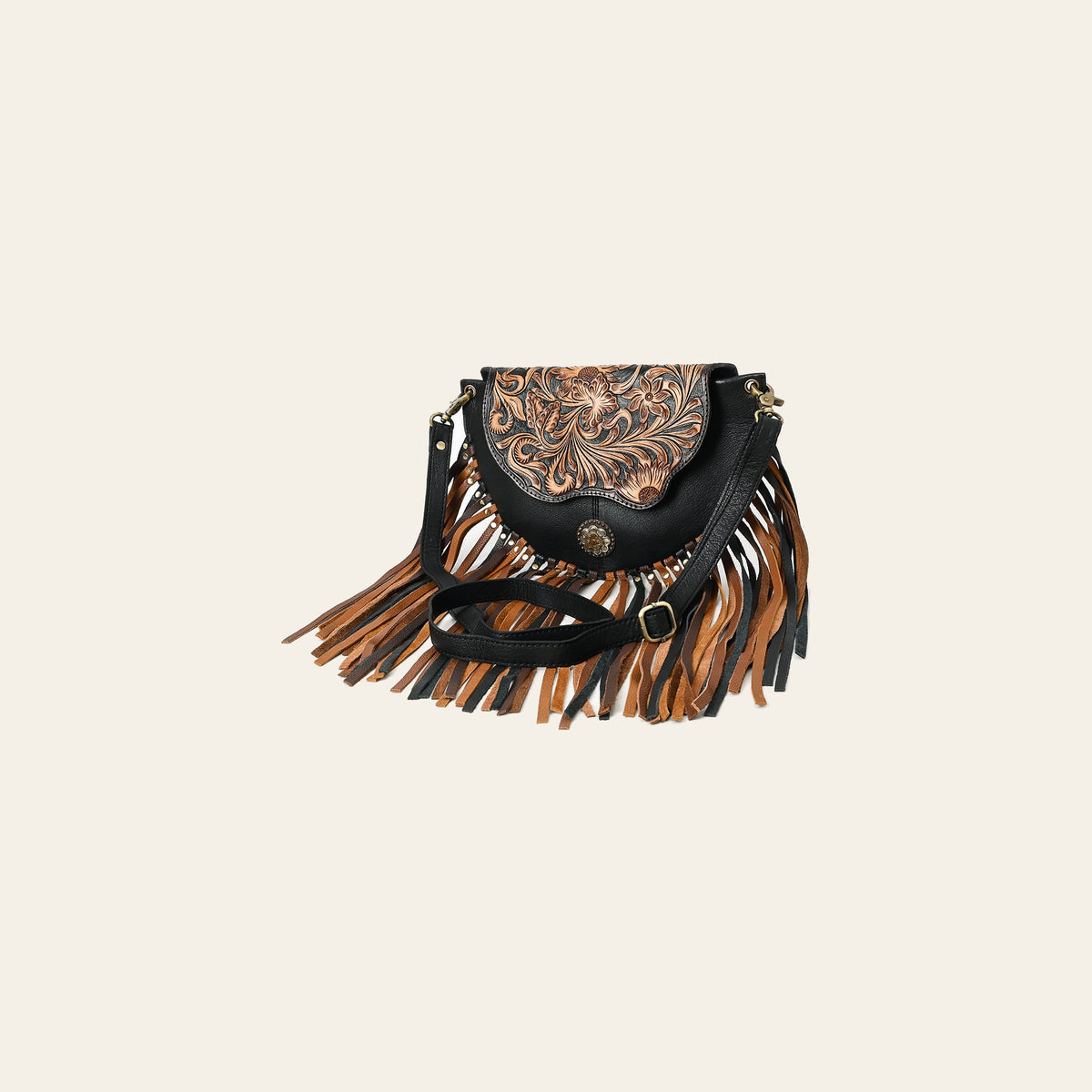 American Darling Western Leather Small Cross body Bag - Eco-Friendly Full Grain Leather Hand Tooled Floral Purse With Fringes