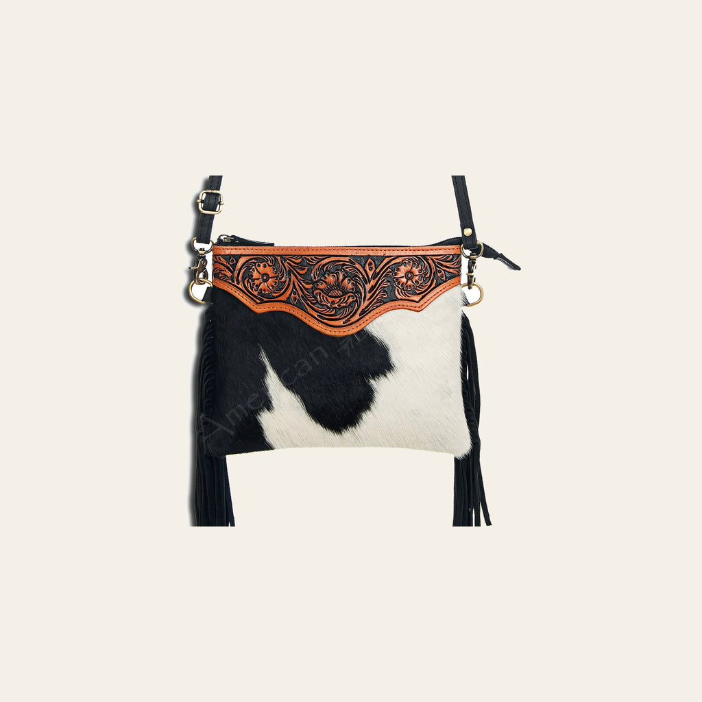American Darling Small Cross body Bag Handcrafted from Hand Tooled Floral Leather & Hair-On Cowhide with Fringes & YKK Zipper