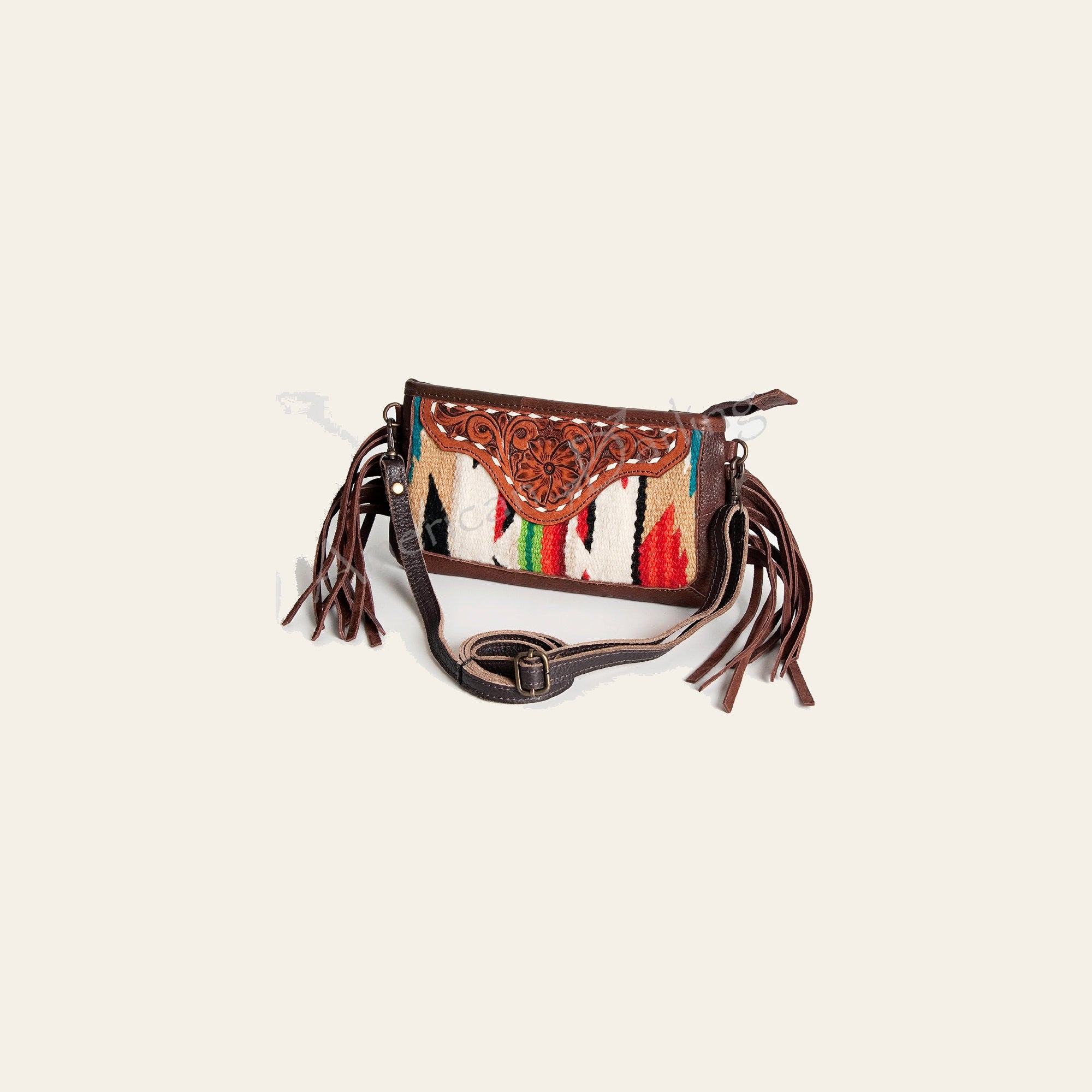 American Darling Women's Hand Tooled Floral Carved Leather Small Cross body Bag with Hand Woven Saddle Blanket and Fringes