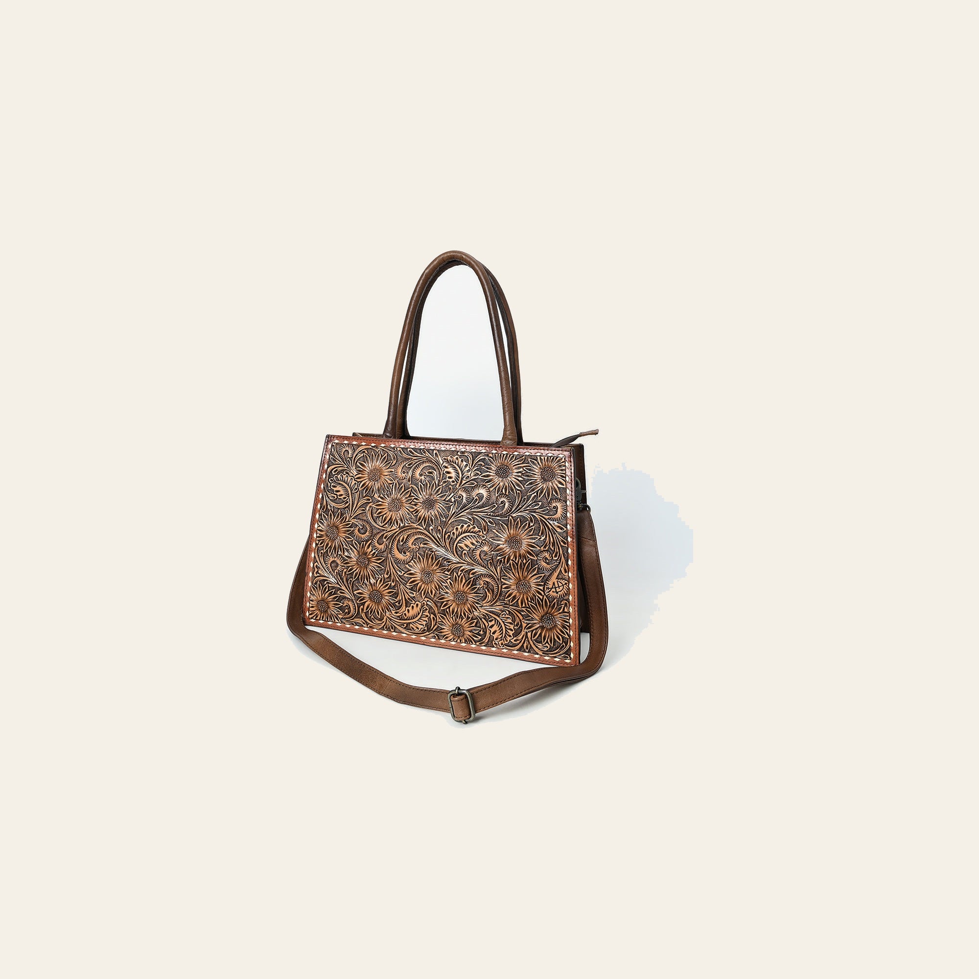 American Darling Women's Tooled Leather Tote Bag, Genuine Full-Grain Leather, Floral Carving, Buck Stitching