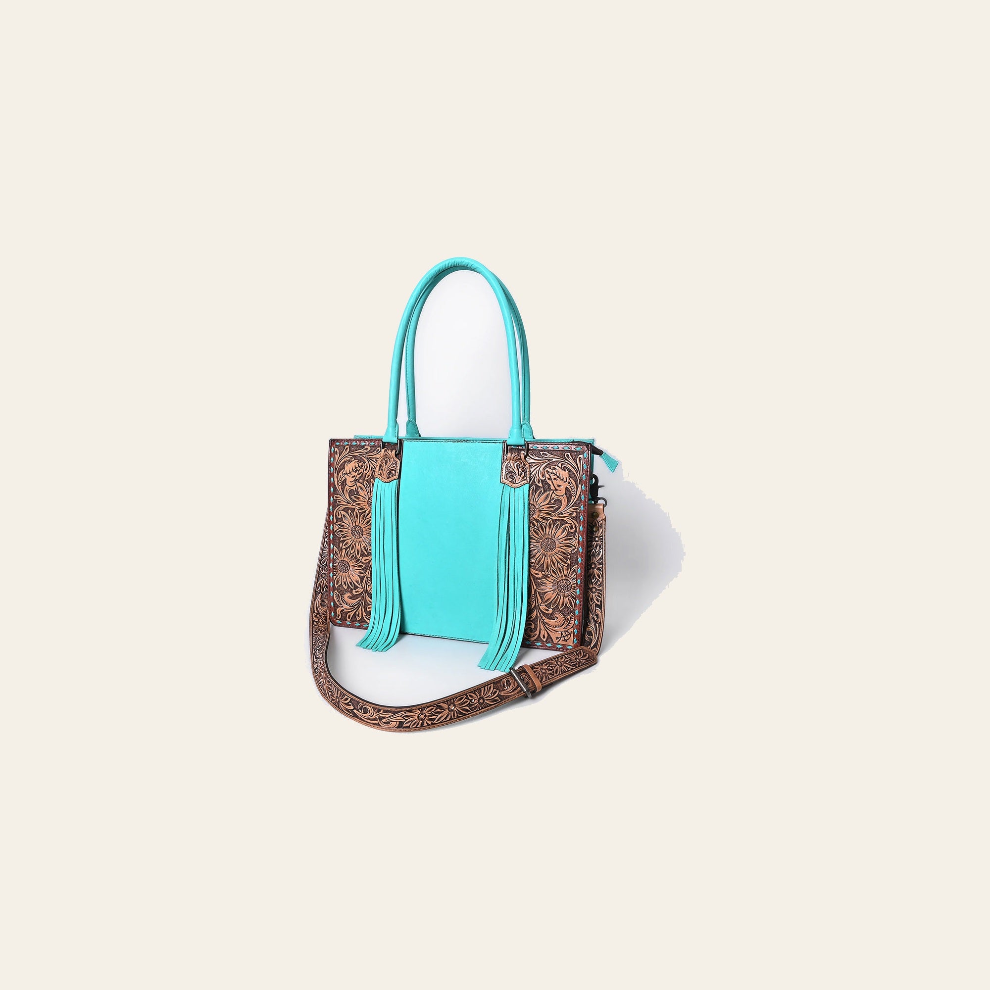 American Darling Western Tote Bag Hand-Tooled Floral Carved Genuine Leather with Fringe Buck-Stitched Design and Spacious Everyday Functionality