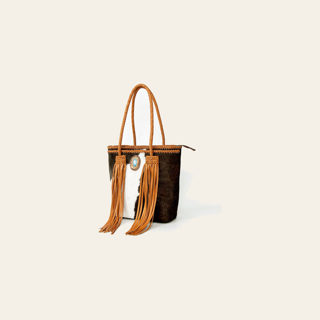 American Darling Tote Bag, Genuine Hair-On Cowhide & Leather with Turquoise Stone, Braided Handles & Fringes, Handcrafted