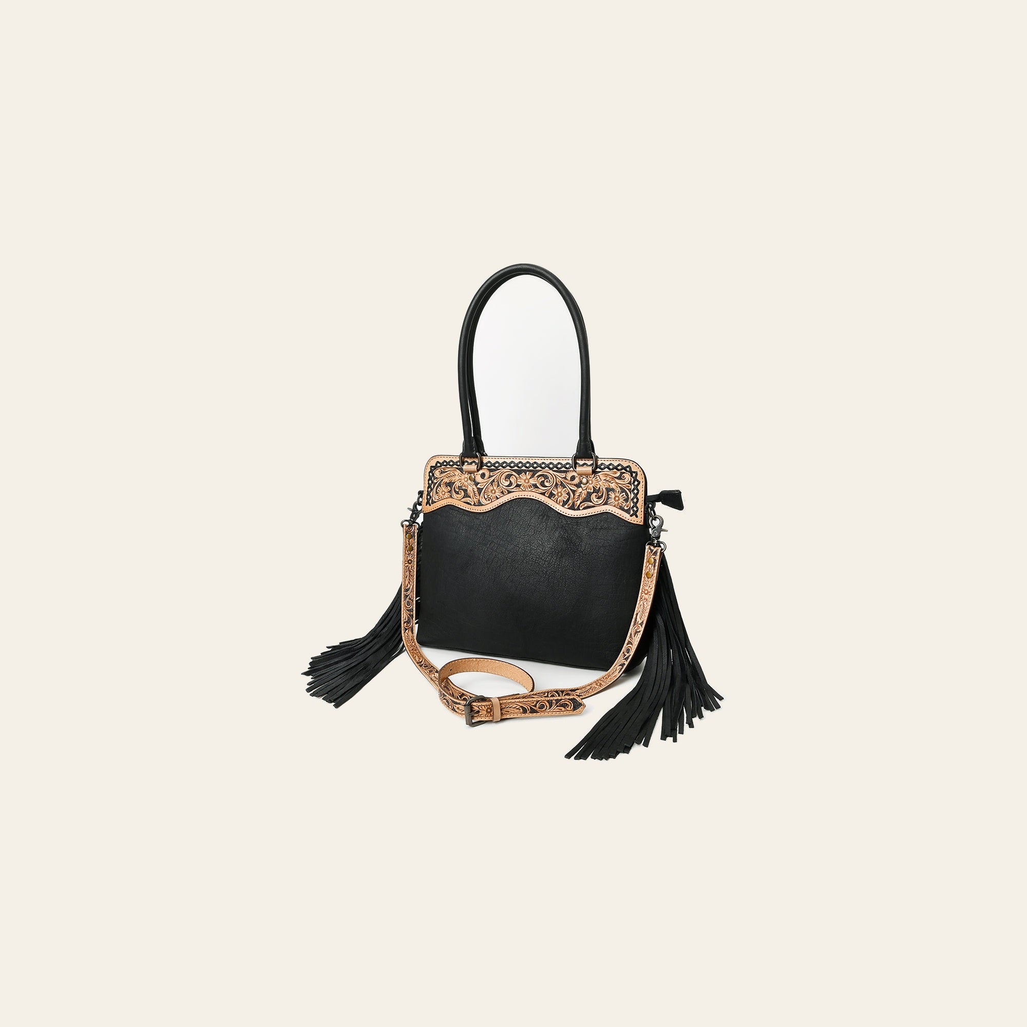 Western Leather Tote Bag with Hand-Tooled Floral Panel Genuine Leather Fringe Tote for Everyday and Travel by American Darling