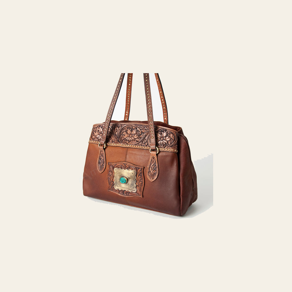 American Darling Tote Bag, Hand-Tooled Floral Western Leather Purse, Hair-On Cowhide, Concho, 11.5in (H) X 14in (W) X 5in (D)