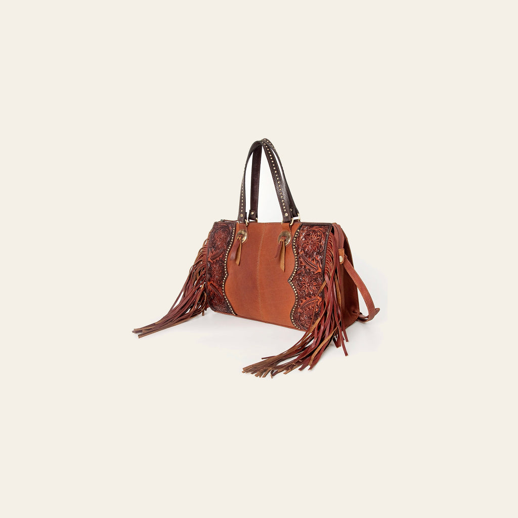 American Darling Tote Bag, Hand-Tooled Floral Western Leather Purse with Side Fringes, 11in (H) X 16in (W) X 5.5in (D)