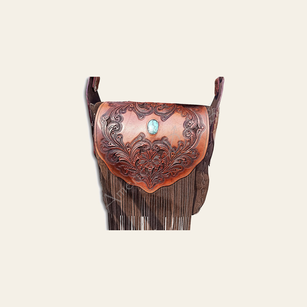 American Darling Messenger Bag, Hand Tooled Floral Carved Genuine Leather, Western Crossbody with Fringes & Turquoise Stone