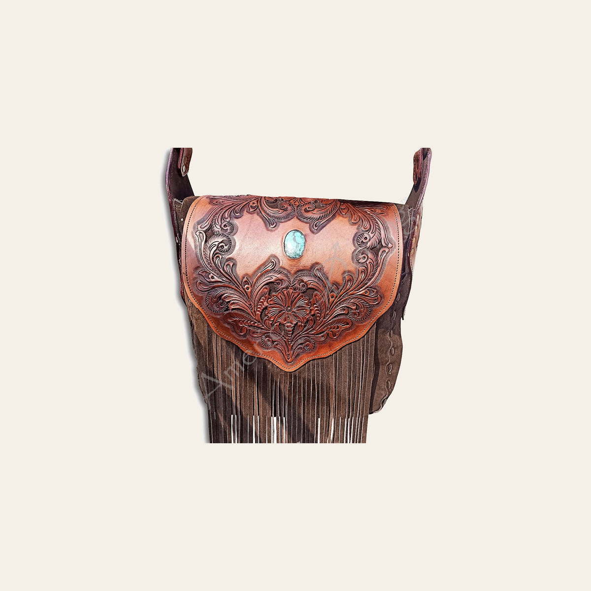 American Darling Messenger Bag, Hand Tooled Floral Carved Genuine Leather, Western Crossbody with Fringes & Turquoise Stone