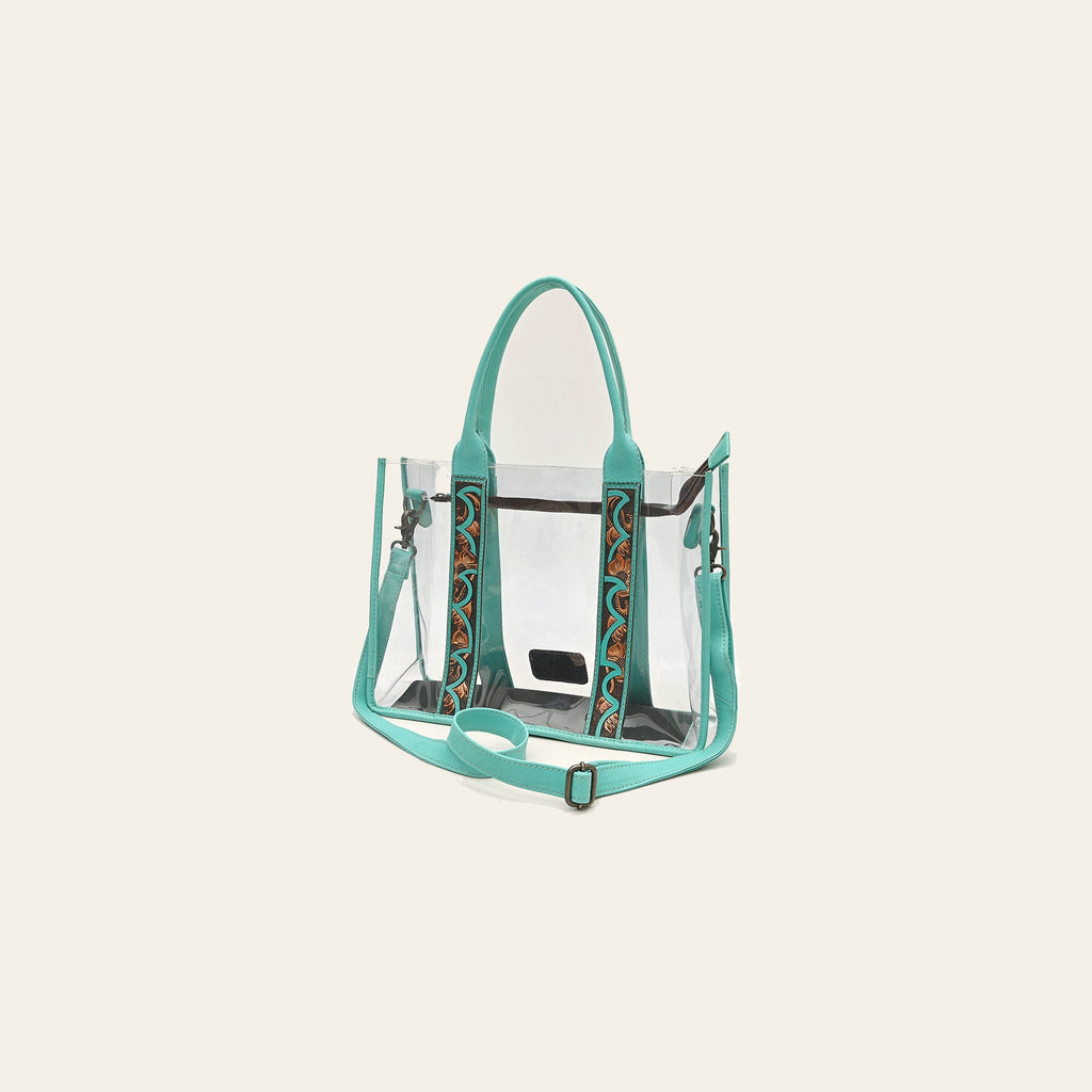 American Darling Clear Stadium Tote Bag with Hand Tooled Genuine Leather Trim | Floral Carved Straps & Top YKK Zipper Closure