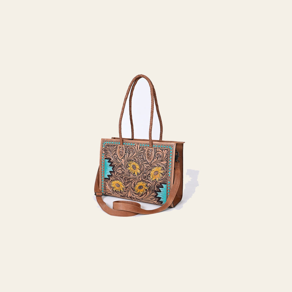 American Darling Western Tote Handcrafted from Genuine Leather | Tooled Sunflower & Turquoise Accents Crossbody Bag for Women