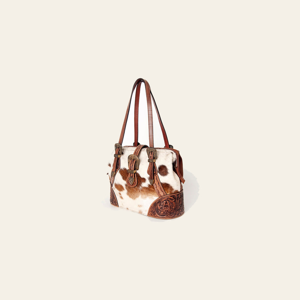 American Darling Tote Bag, Hand-Tooled Floral Western Leather Purse, Hair-On Cowhide Pattern, 10in (H) X 15in (W) X 5.5in (D)