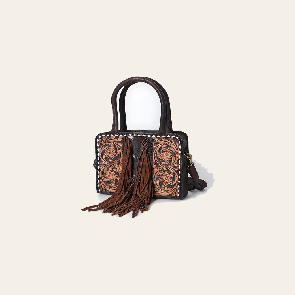 American Darling Hand Tooled Floral Carved Vegetable-Tanned Genuine Leather Tote Bag with Hair-On Cowhide, Fringes & YKK Zipper