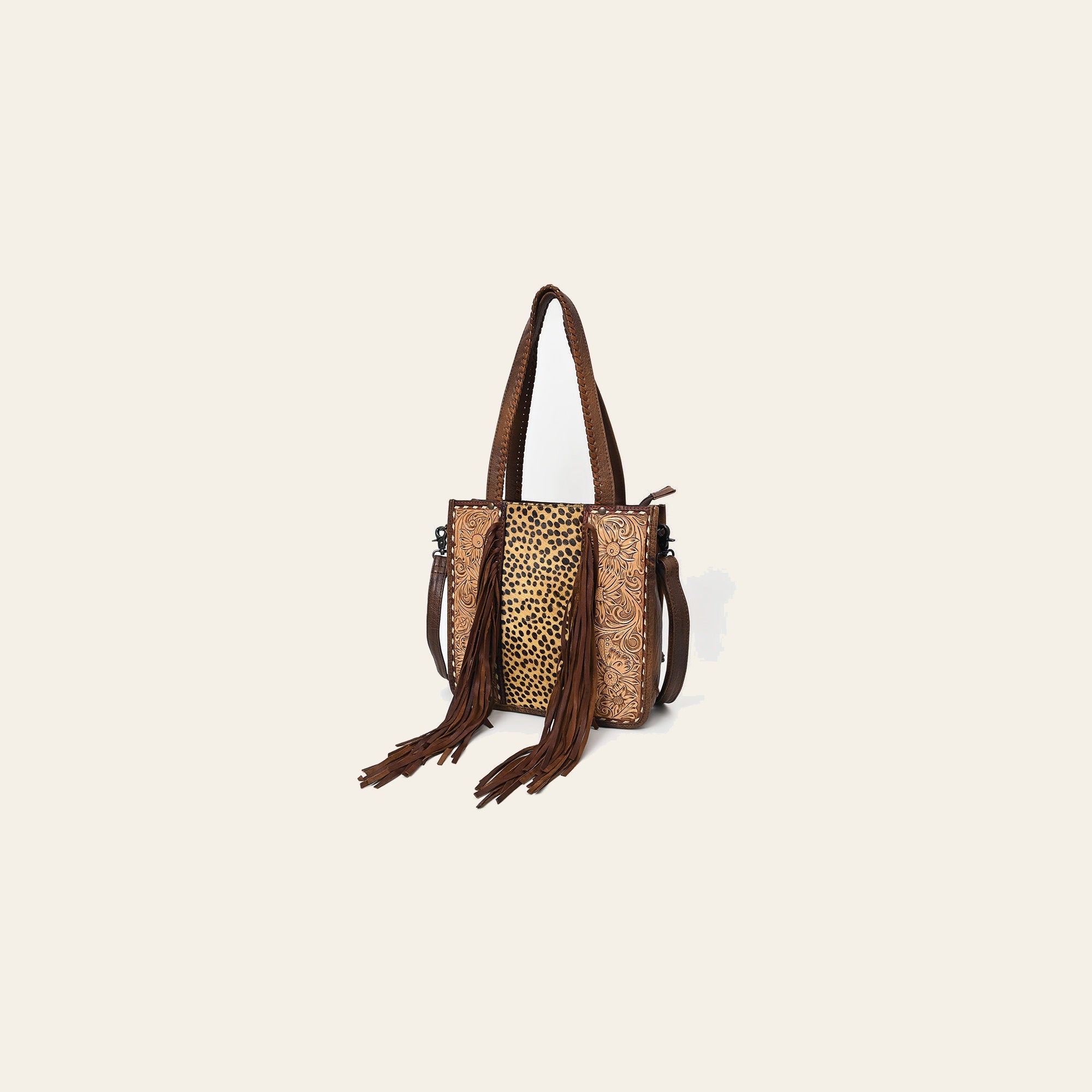 American Darling Western Tote Bag – Genuine Hair-on Cowhide and Leather, Hand-Tooled Floral Design with Long Fringes and Dual Carry Straps