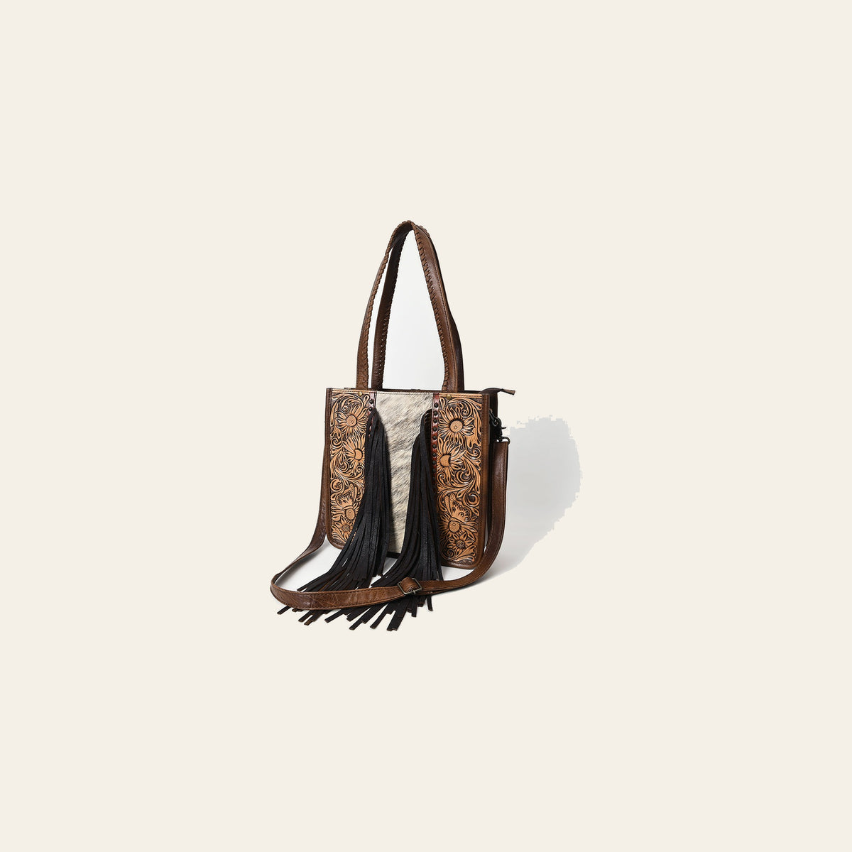 American Darling Western Tote Bag Handcrafted from Hair-On Cowhide & Tooled Leather | Long Fringe & Braided Handles