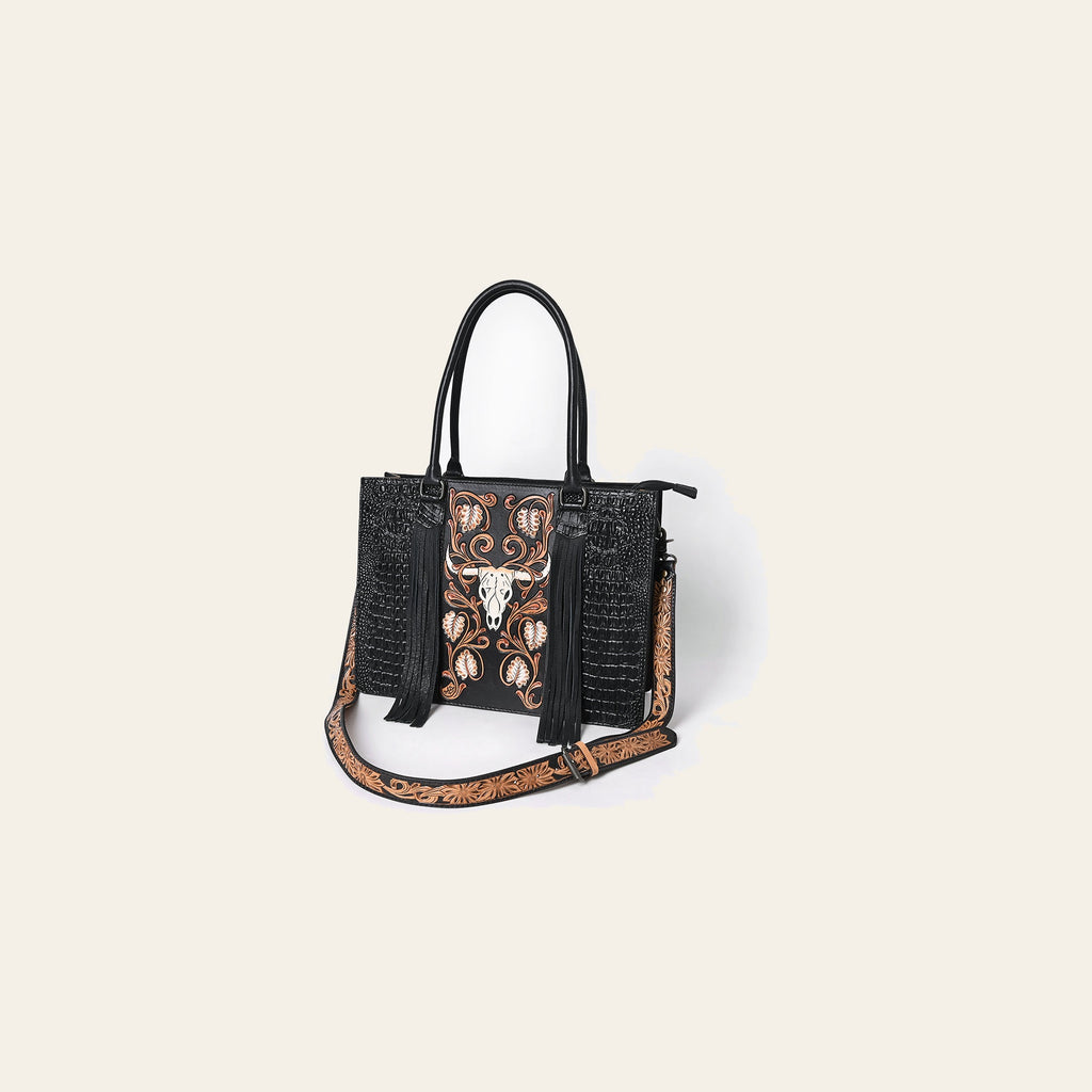 American Darling Western Tote Bag for Women, Hand Tooled Floral Carved & Crocodile Embossed Leather, Longhorn Motif with Fringe