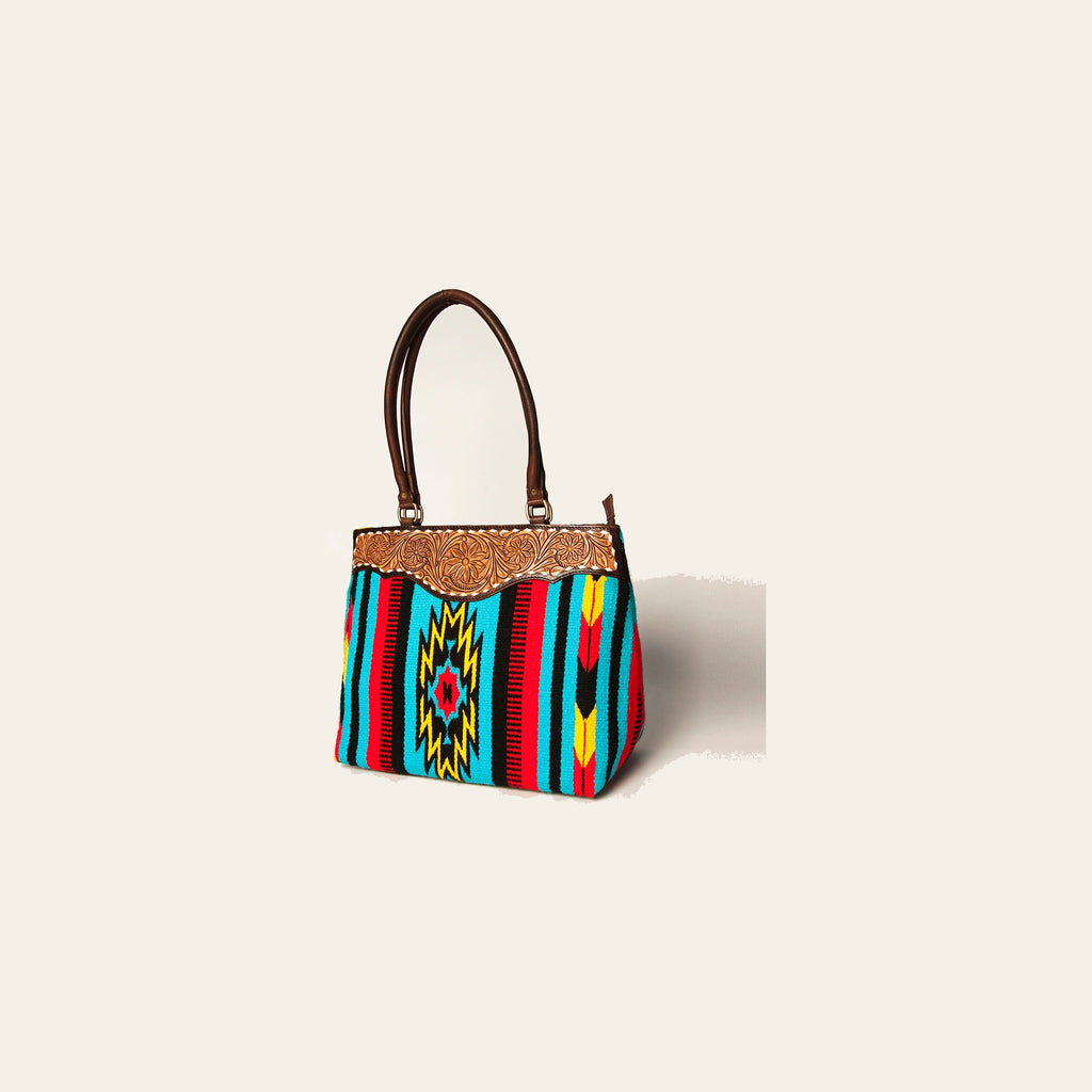 American Darling Handcrafted Floral Tooled Genuine Leather & Woven Saddle Blanket Tote Bag with YKK Zipper & Buck Stitching
