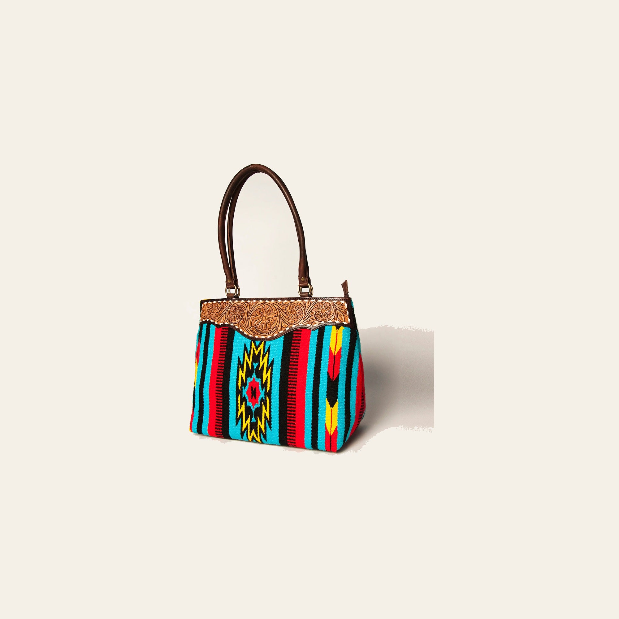 American Darling Handcrafted Floral Tooled Genuine Leather & Woven Saddle Blanket Tote Bag with YKK Zipper & Buck Stitching