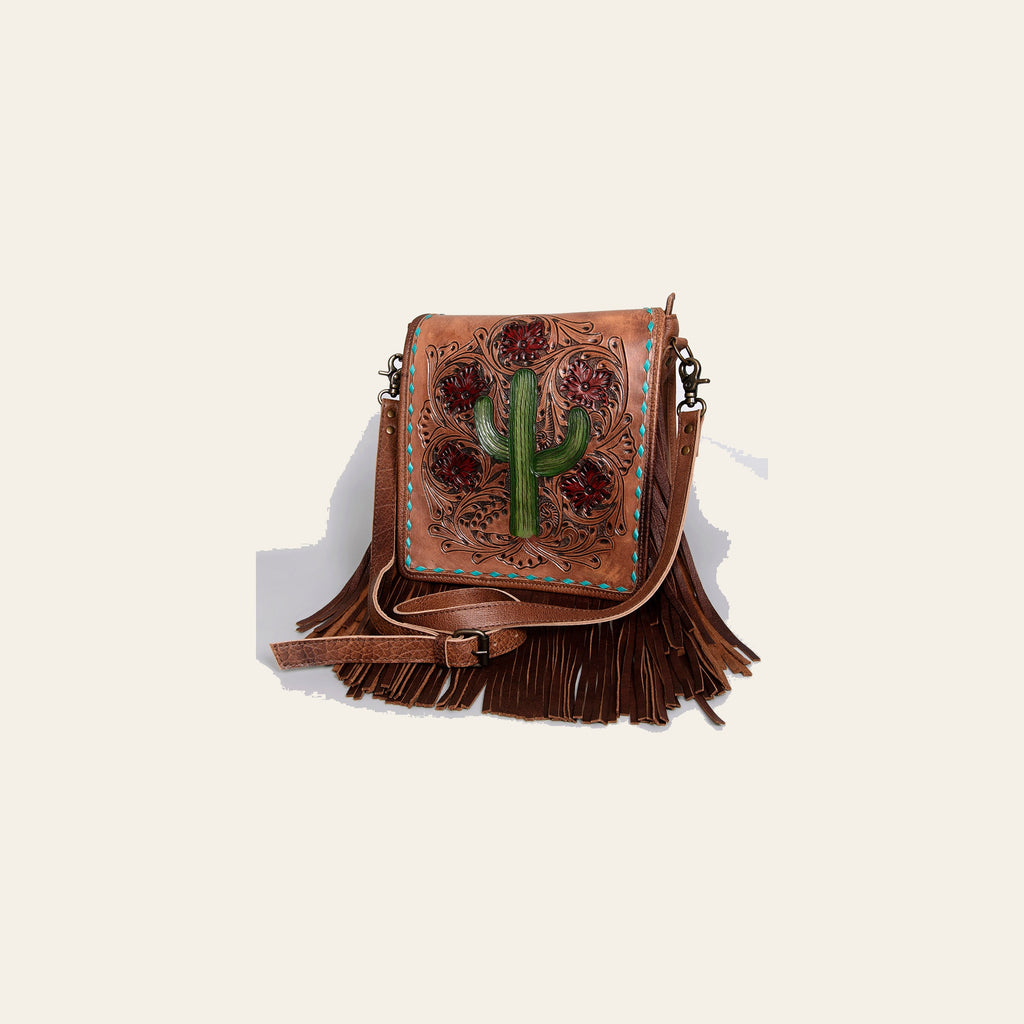 American Darling Messenger Bag Handcrafted from Hand Tooled Cactus & Floral Leather with Fringes and YKK Zipper