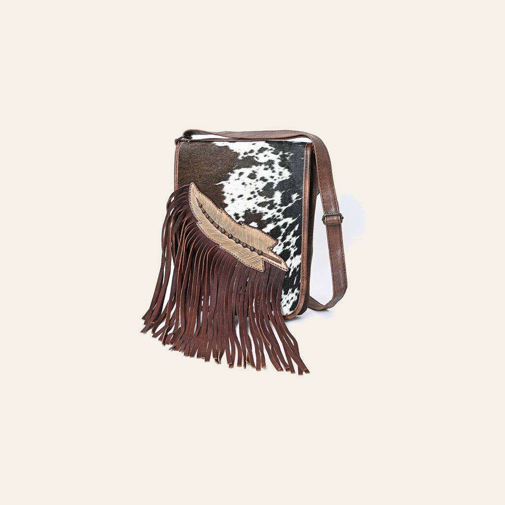 American Darling Hair-on Cowhide Fringe Crossbody Bag for Women – Genuine Leather Western Purse with Long Strap and Front Fringe Detailing