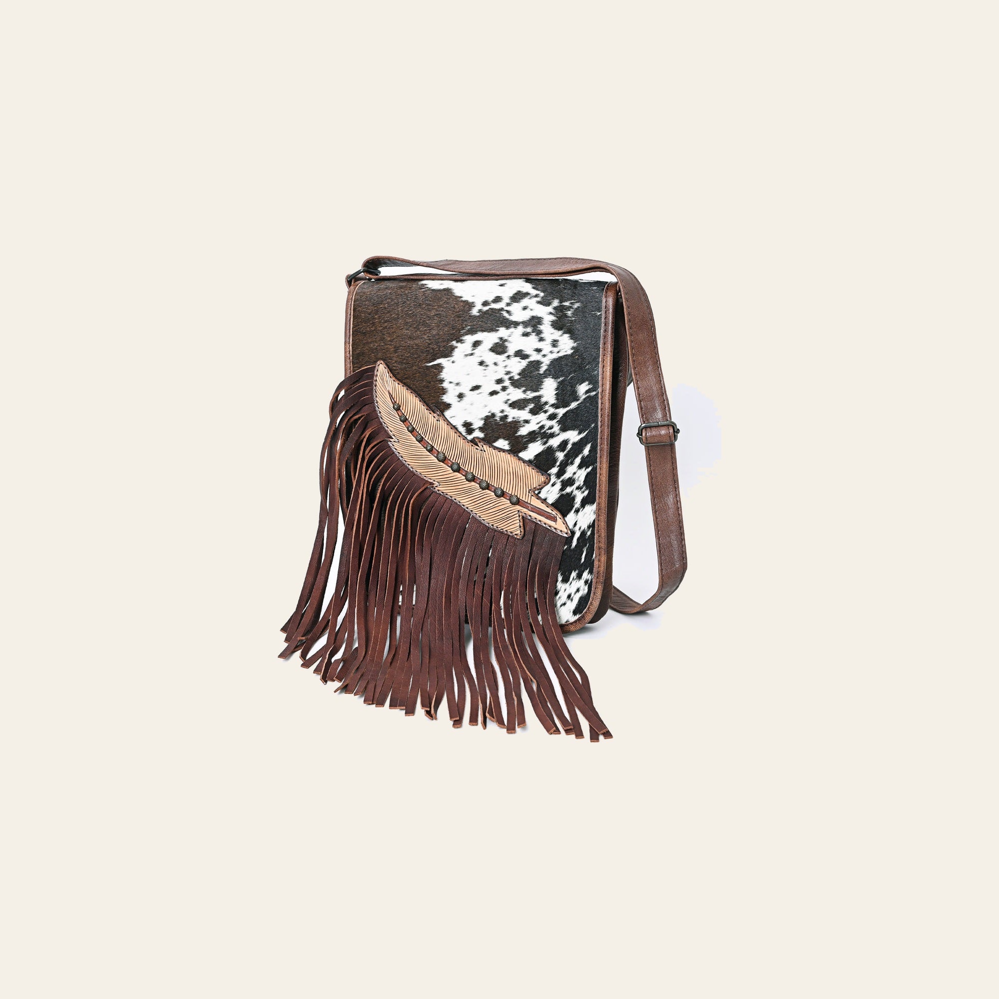 American Darling Hair-on Cowhide Fringe Crossbody Bag for Women – Genuine Leather Western Purse with Long Strap and Front Fringe Detailing