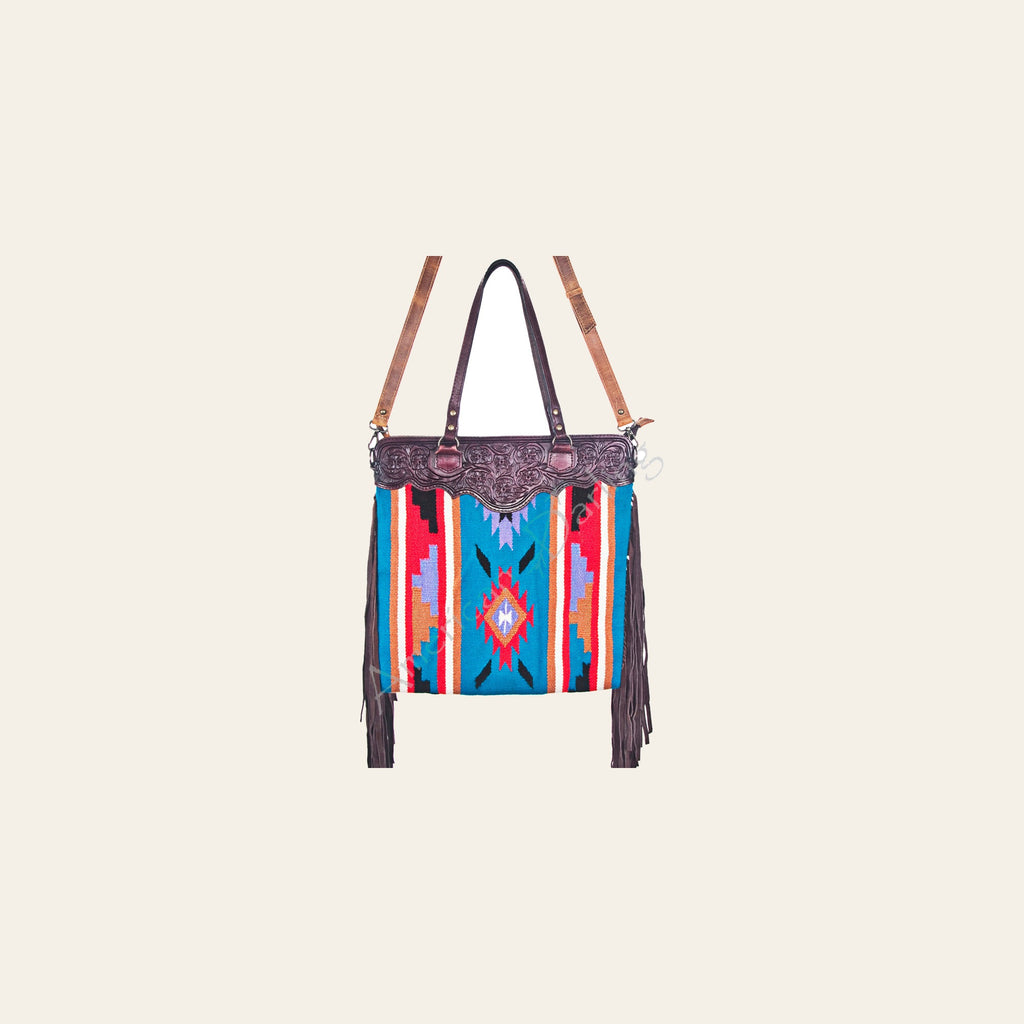 American Darling Large Cross body Bag - Western Genuine Leather Hand Tooled Floral Purse with Woven Saddle Blanket & Fringe