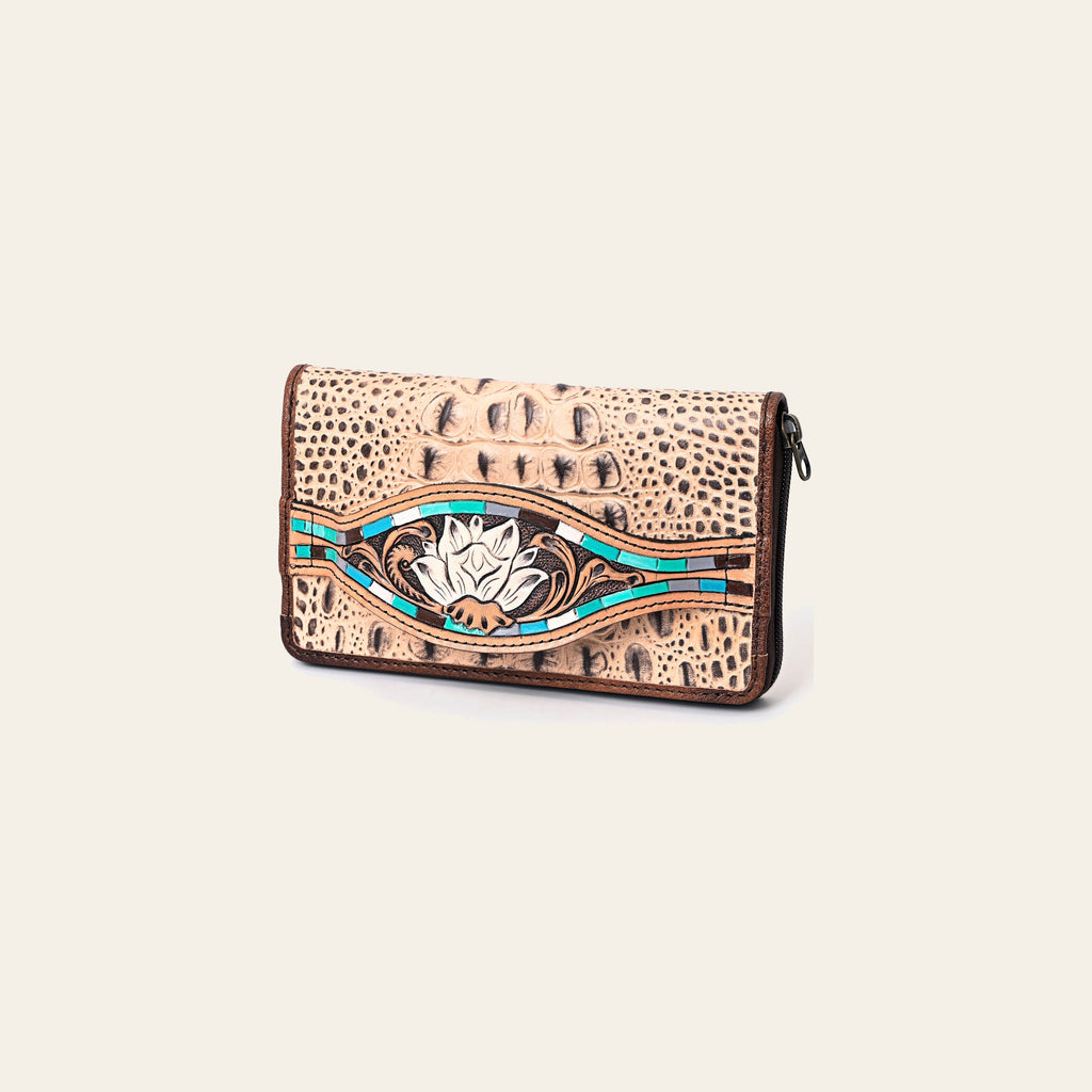 American Darling Western Leather Wallet Bag Crocodile Embossed Genuine Leather Hand Tooled 4.5in (H) X 8in (W)