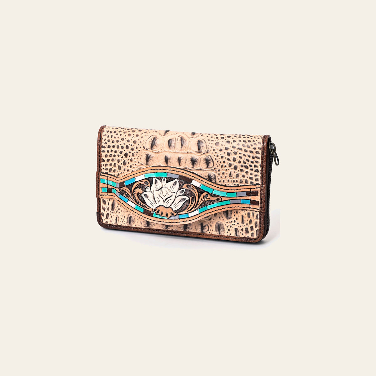 American Darling Western Leather Wallet Bag Crocodile Embossed Genuine Leather Hand Tooled 4.5in (H) X 8in (W)