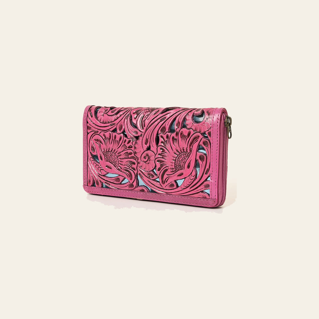 American Darling Hand-Tooled Genuine Leather Wallet Bag – Floral Carving, Durable Zip-Around Design, Multi-Compartment Organizer for Women