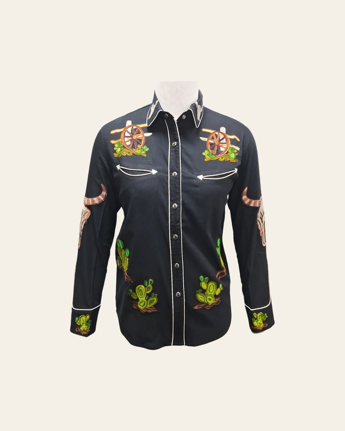 American Darling Western Apparel for Women Black Cotton Lycra Shirt with Hand-Stitched Wagon Wheel & Cactus Embroidery