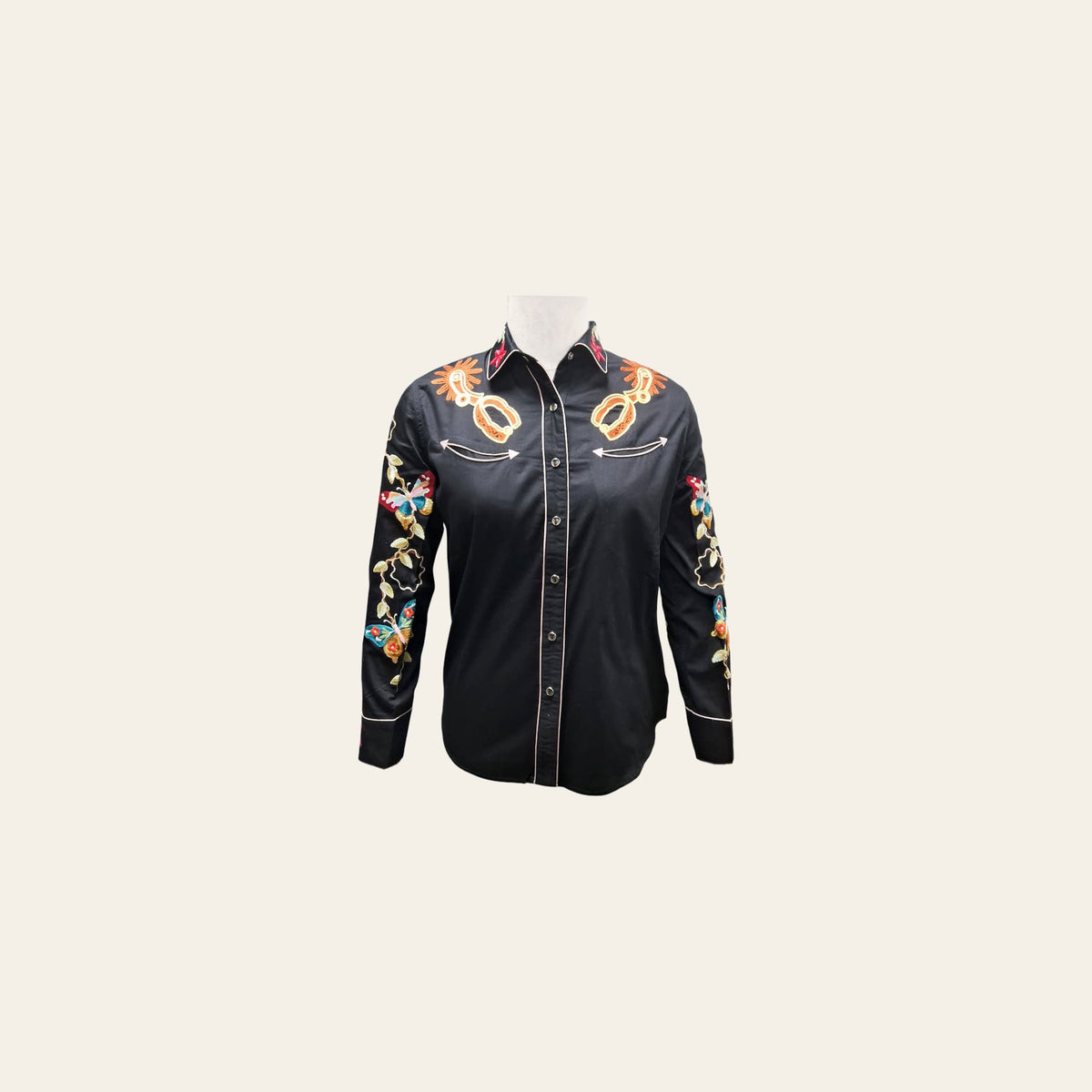 American Darling Western Apparel for Women Black Cotton Satin Shirt with Hand-Stitched Butterfly and Spur Embroidery